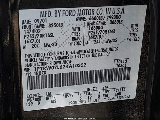 46195230 :رقم المزاد ، 1FTRW07L62KA10352 vin ، 2002 Ford F-150 Lariat/xlt مزاد بيع