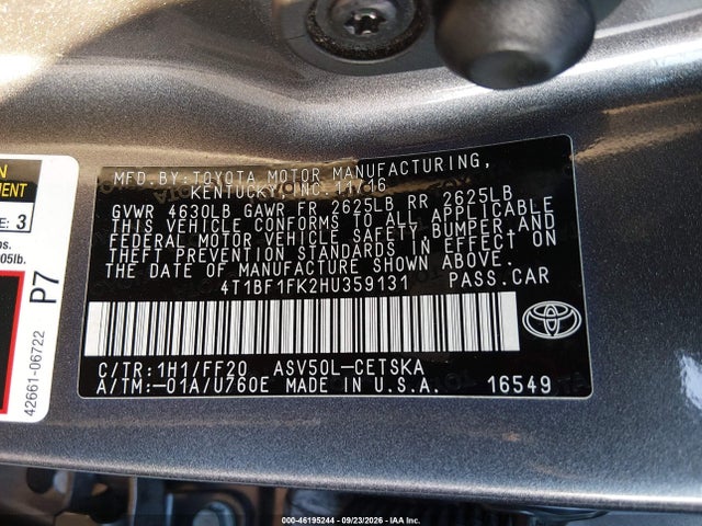 46195244 :رقم المزاد ، 4T1BF1FK2HU359131 vin ، 2017 Toyota Camry Se مزاد بيع