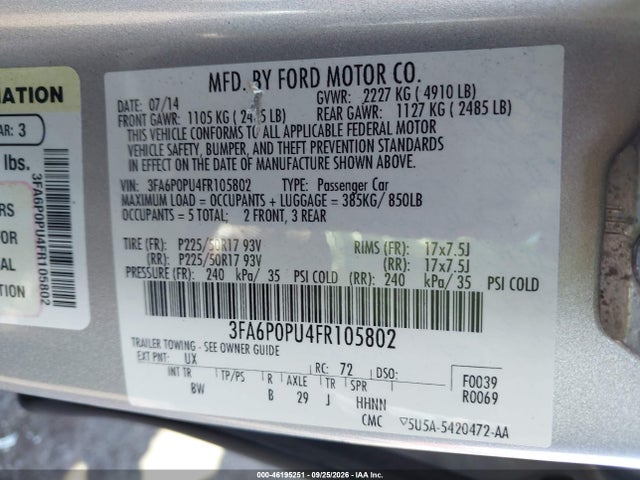 2015 Ford Fusion Energi Se Luxury მანქანა იყიდება აუქციონზე, vin: 3FA6P0PU4FR105802, აუქციონის ნომერი: 46195251
