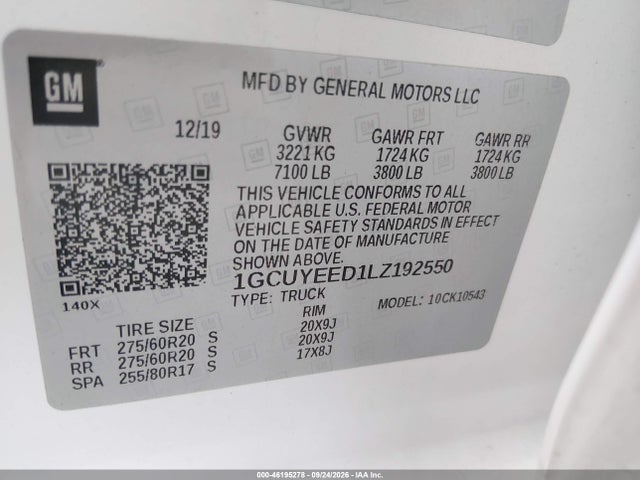 46195278 :رقم المزاد ، 1GCUYEED1LZ192550 vin ، 2020 Chevrolet Silverado 1500 4wd  Short Bed Rst مزاد بيع