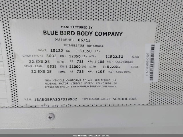 Продаж на аукціоні авто 2016 Blue Bird School Bus / Transit Bus, vin: 1BABGBPA2GF319982, номер лоту: 46195292