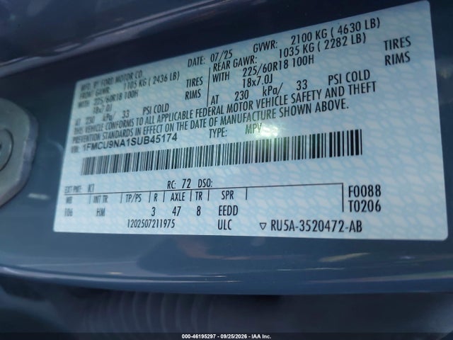 2025 Ford Escape St-line Select მანქანა იყიდება აუქციონზე, vin: 1FMCU9NA1SUB45174, აუქციონის ნომერი: 46195297