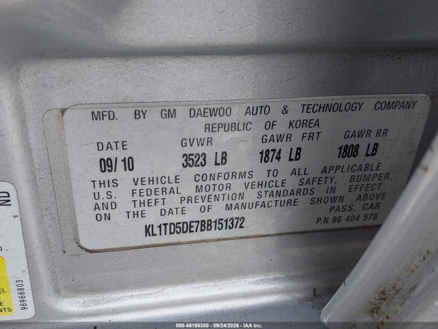 Продаж на аукціоні авто 2011 Chevrolet Aveo Lt W/1lt, vin: KL1TD5DE7BB151372, номер лоту: 46195350