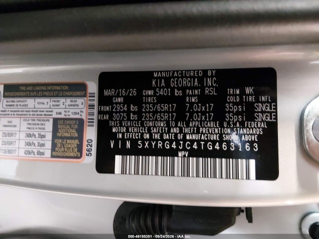 Продаж на аукціоні авто 2026 Kia Sorento Lx, vin: 5XYRG4JC4TG463163, номер лоту: 46195351