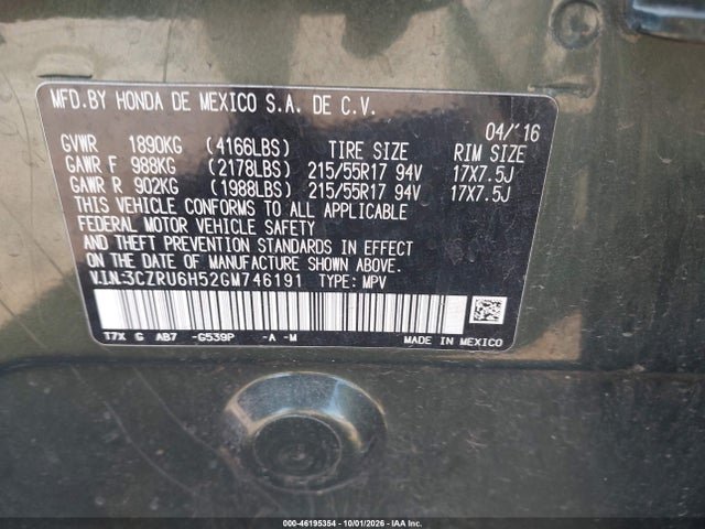 Aukcja sprzedaży 2016 Honda Hr-v Ex, vin: 3CZRU6H52GM746191, numer aukcji: 46195354