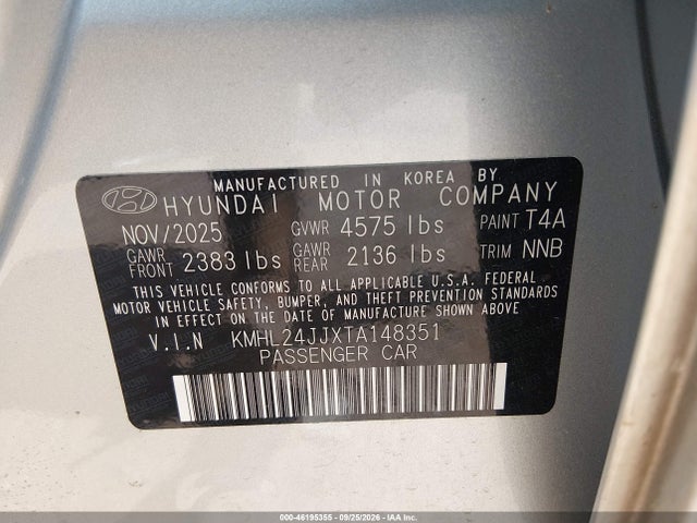 Продажа на аукционе авто 2026 Hyundai Sonata Hybrid Blue, vin: KMHL24JJXTA148351, номер лота: 46195355