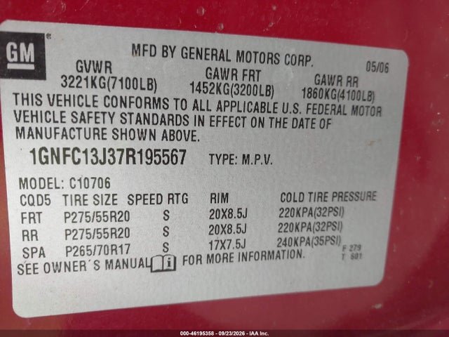Aukcja sprzedaży 2007 Chevrolet Tahoe Ltz, vin: 1GNFC13J37R195567, numer aukcji: 46195358