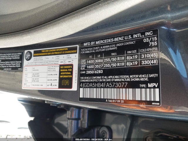 Продажа на аукционе авто 2015 Mercedes-benz Ml 350 4matic, vin: 4JGDA5HB4FA573077, номер лота: 46195364