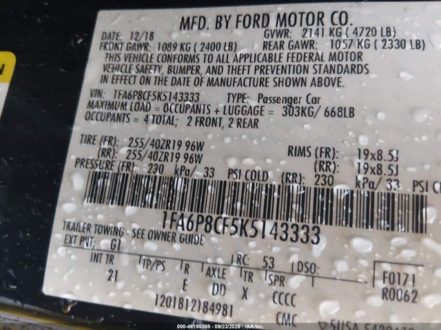 2019 Ford Mustang Gt მანქანა იყიდება აუქციონზე, vin: 1FA6P8CF5K5143333, აუქციონის ნომერი: 46195369