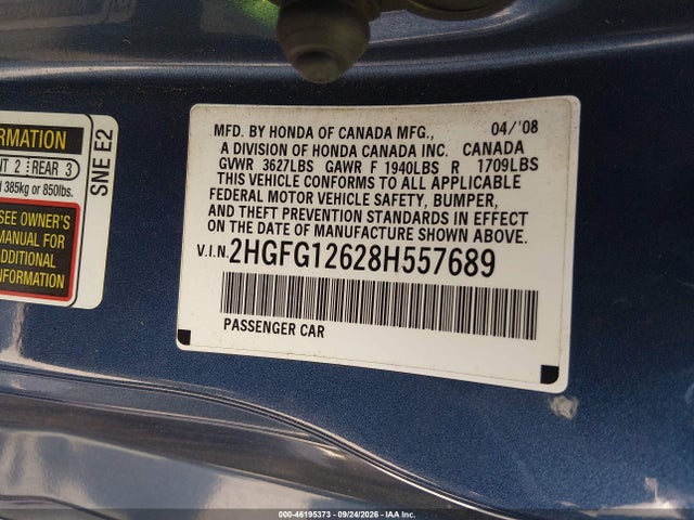 Продаж на аукціоні авто 2008 Honda Civic Lx, vin: 2HGFG12628H557689, номер лоту: 46195373