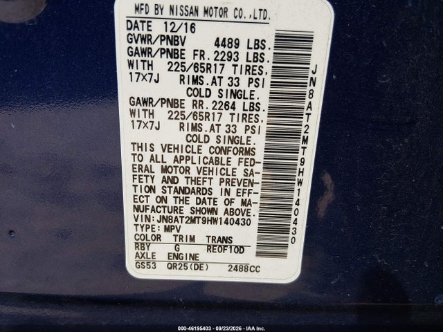 Продажа на аукционе авто 2017 Nissan Rogue Sv, vin: JN8AT2MT9HW140430, номер лота: 46195403