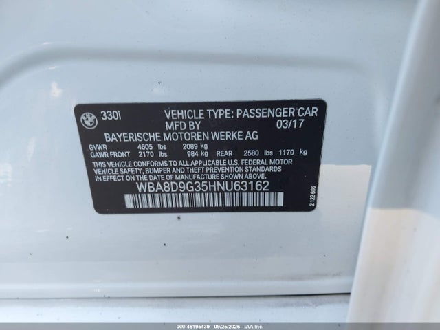 2017 Bmw 330i Xdrive მანქანა იყიდება აუქციონზე, vin: WBA8D9G35HNU63162, აუქციონის ნომერი: 46195439