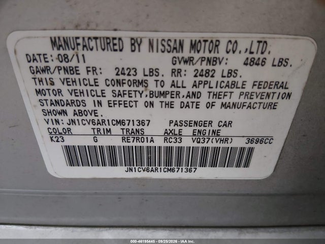 2012 Infiniti G37x მანქანა იყიდება აუქციონზე, vin: JN1CV6AR1CM671367, აუქციონის ნომერი: 46195445