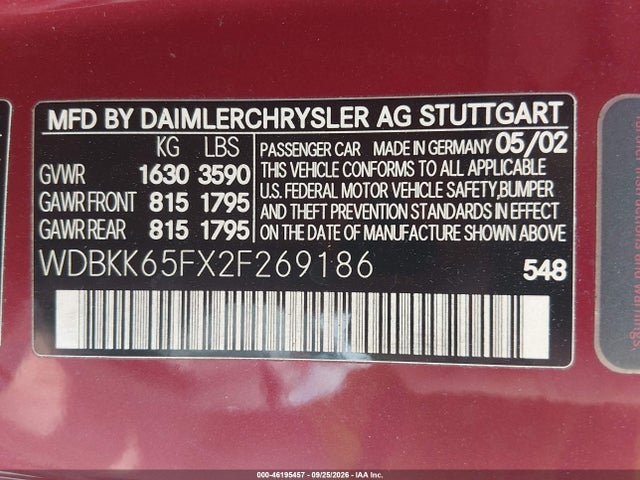 46195457 :رقم المزاد ، WDBKK65FX2F269186 vin ، 2002 Mercedes-benz Slk 320 مزاد بيع