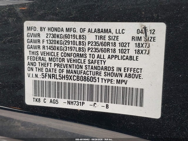 Aukcja sprzedaży 2012 Honda Odyssey Touring/touring Elite, vin: 5FNRL5H9XCB086051, numer aukcji: 46195462