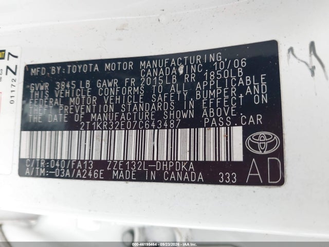 2007 Toyota Matrix მანქანა იყიდება აუქციონზე, vin: 2T1KR32E07C643487, აუქციონის ნომერი: 46195464