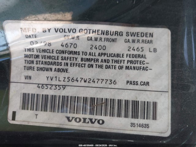 1998 Volvo V70 Awd მანქანა იყიდება აუქციონზე, vin: YV1LZ5647W2477736, აუქციონის ნომერი: 46195469