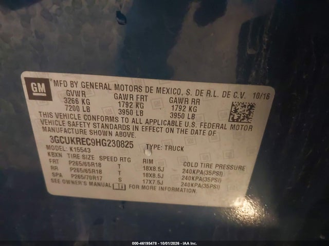 Aukcja sprzedaży 2017 Chevrolet Silverado 1500 1lt, vin: 3GCUKREC9HG230825, numer aukcji: 46195478