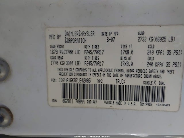 2007 Dodge Ram 1500 St მანქანა იყიდება აუქციონზე, vin: 1D7HA16K87J642085, აუქციონის ნომერი: 46195481