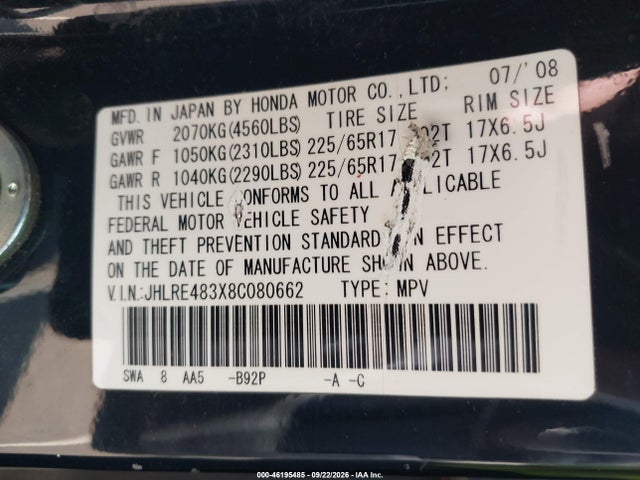 Продаж на аукціоні авто 2008 Honda Cr-v Lx, vin: JHLRE483X8C080662, номер лоту: 46195485