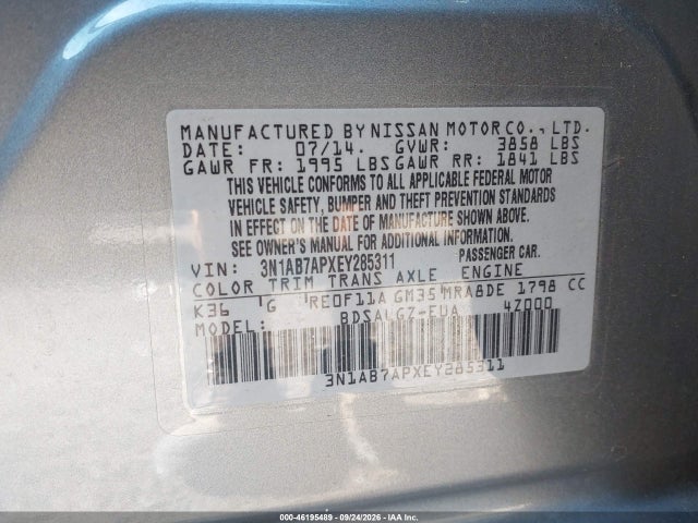 46195489 :رقم المزاد ، 3N1AB7APXEY285311 vin ، 2014 Nissan Sentra Sl مزاد بيع