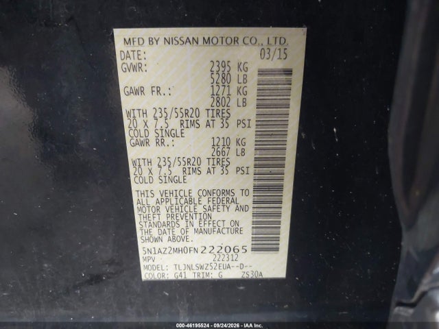 Aukcja sprzedaży 2015 Nissan Murano Platinum, vin: 5N1AZ2MH0FN222065, numer aukcji: 46195524