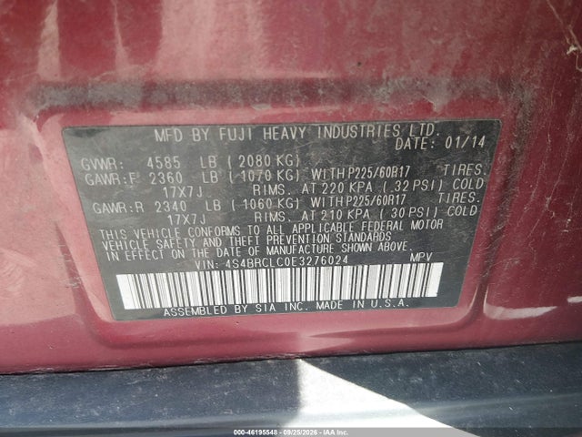 Aukcja sprzedaży 2014 Subaru Outback 2.5i Limited, vin: 4S4BRCLC0E3276024, numer aukcji: 46195548