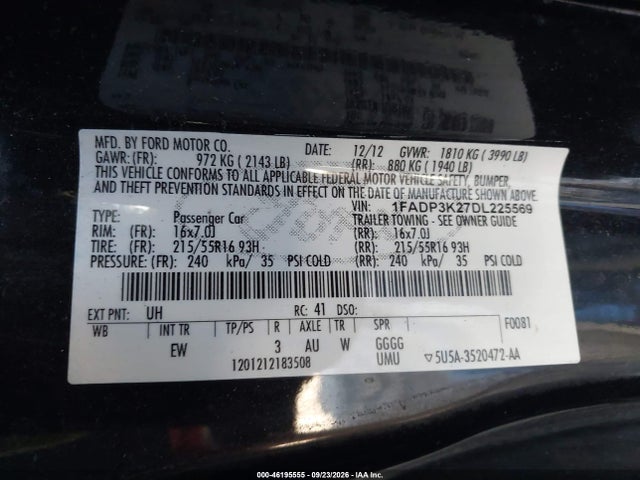 Aukcja sprzedaży 2013 Ford Focus Se, vin: 1FADP3K27DL225569, numer aukcji: 46195555
