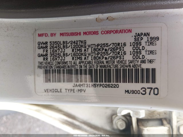 46195566 :رقم المزاد ، JA4MT31H5YP026220 vin ، 2000 Mitsubishi Montero Sport Ls/xls مزاد بيع