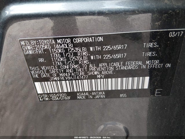 2017 Toyota Rav4 Le მანქანა იყიდება აუქციონზე, vin: JTMBFREV8HJ147477, აუქციონის ნომერი: 46195573