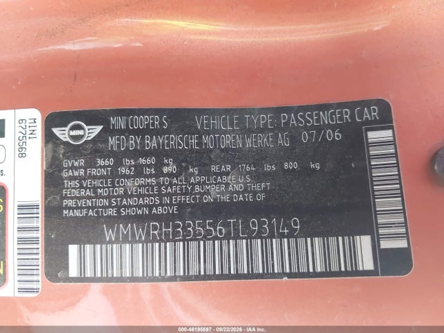 46195597 :رقم المزاد ، WMWRH33556TL93149 vin ، 2006 Mini Cooper S مزاد بيع