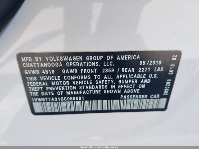 2016 Volkswagen Passat 1.8t Se მანქანა იყიდება აუქციონზე, vin: 1VWBT7A31GC059081, აუქციონის ნომერი: 46195621