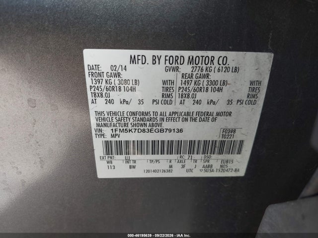 Ford EXPLORER XLT 2014 1FM5K7D83EGB79136 Image 9