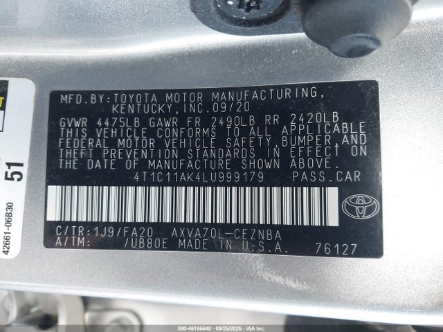 Aukcja sprzedaży 2020 Toyota Camry Le, vin: 4T1C11AK4LU999179, numer aukcji: 46195648