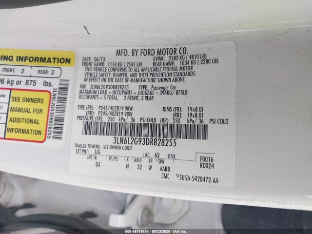 2013 Lincoln Mkz მანქანა იყიდება აუქციონზე, vin: 3LN6L2G93DR828255, აუქციონის ნომერი: 46195654