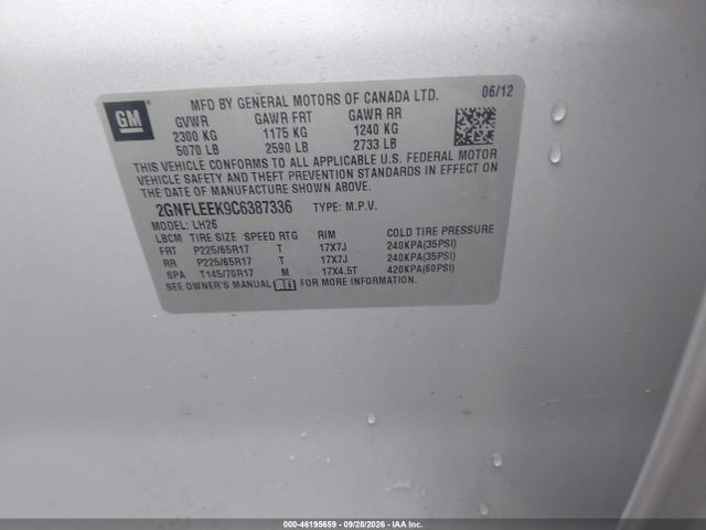 2012 Chevrolet Equinox 1lt მანქანა იყიდება აუქციონზე, vin: 2GNFLEEK9C6387336, აუქციონის ნომერი: 46195659