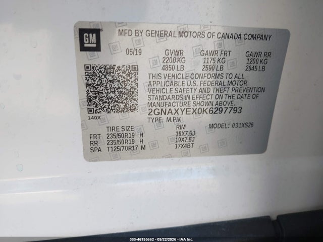 Aukcja sprzedaży 2019 Chevrolet Equinox Premier, vin: 2GNAXYEX0K6297793, numer aukcji: 46195662