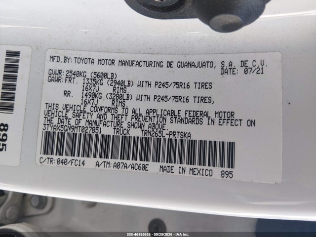 3TYAX5GN9MT027851 Toyota Tacoma Sr5