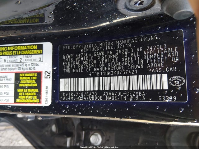 Aukcja sprzedaży 2019 Toyota Camry Se, vin: 4T1B11HK3KU757421, numer aukcji: 46195674