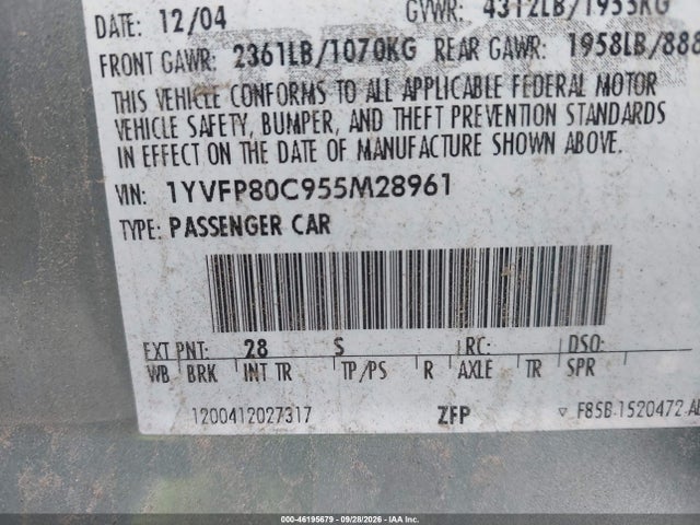 46195679 :رقم المزاد ، 1YVFP80C955M28961 vin ، 2005 Mazda Mazda6 I Base مزاد بيع
