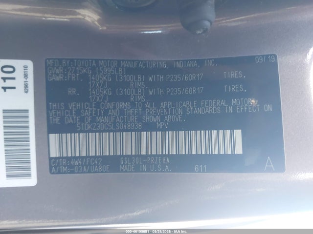 Продаж на аукціоні авто 2020 Toyota Sienna Le, vin: 5TDKZ3DC5LS048938, номер лоту: 46195681