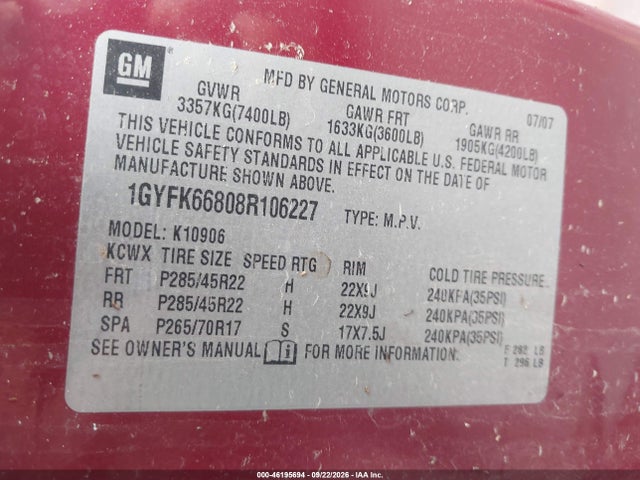 Продажа на аукционе авто 2008 Cadillac Escalade Esv, vin: 1GYFK66808R106227, номер лота: 46195694