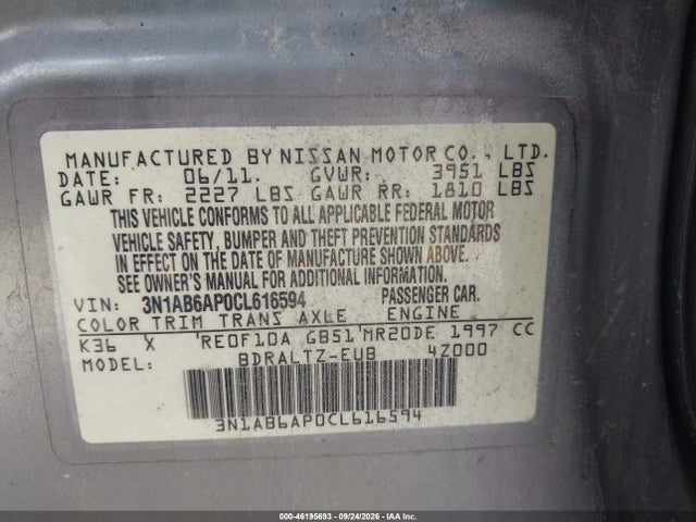 Продажа на аукционе авто 2012 Nissan Sentra 2.0 S, vin: 3N1AB6AP0CL616594, номер лота: 46195693