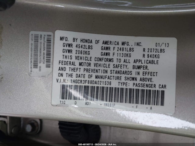 Продаж на аукціоні авто 2013 Honda Accord Sdn Ex-l/ex-l V-6, vin: 1HGCR3F88DA021536, номер лоту: 46195713
