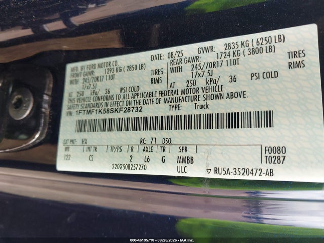 2025 Ford F-150 Xl მანქანა იყიდება აუქციონზე, vin: 1FTMF1K58SKF28732, აუქციონის ნომერი: 46195718