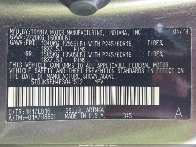 Toyota Highlander Xle V6 2014 5TDJKRFH4ES041512 Image 9