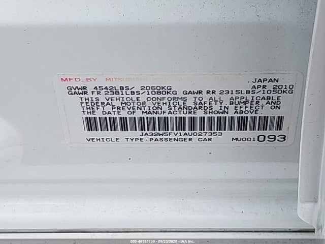46195729 :رقم المزاد ، JA32W5FV1AU027353 vin ، 2010 Mitsubishi Lancer Evolution Mr/evolution Mr Touring مزاد بيع