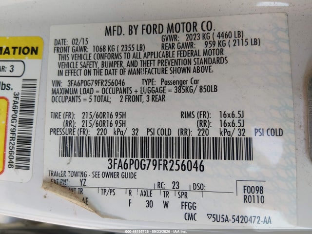 46195736 :رقم المزاد ، 3FA6P0G79FR256046 vin ، 2015 Ford Fusion S مزاد بيع