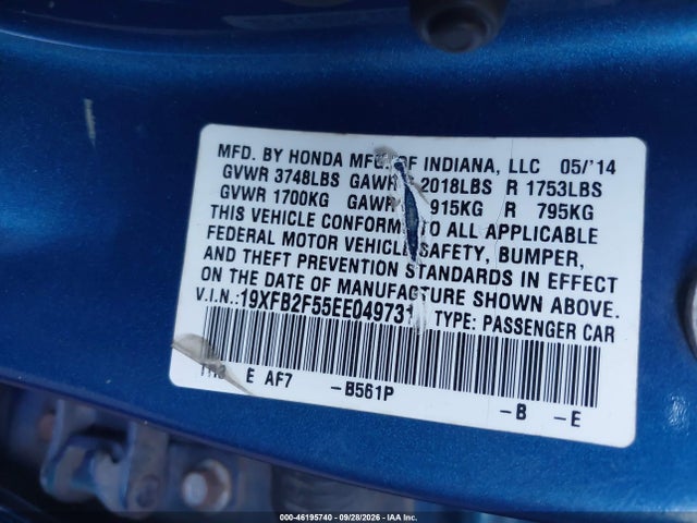 Aukcja sprzedaży 2014 Honda Civic Lx, vin: 19XFB2F55EE049731, numer aukcji: 46195740