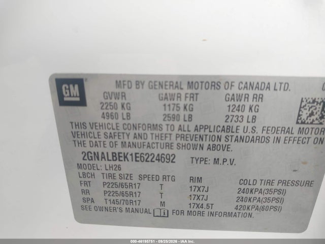 2014 Chevrolet Equinox Lt მანქანა იყიდება აუქციონზე, vin: 2GNALBEK1E6224692, აუქციონის ნომერი: 46195751